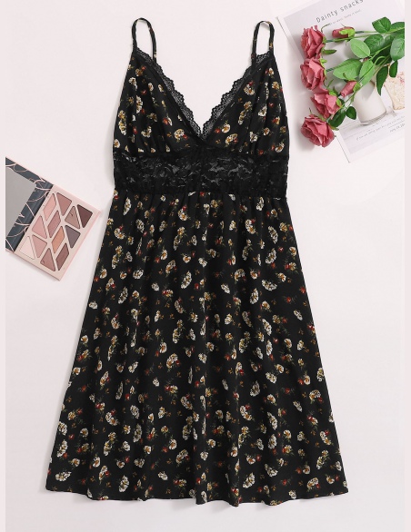 Koszule Nocne&Suknie Nocne Sznurówka Kontrastowa Kwiatowy Czarne Elegancki