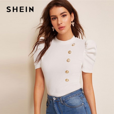 SHEIN Mock-Neck Puff guzik...