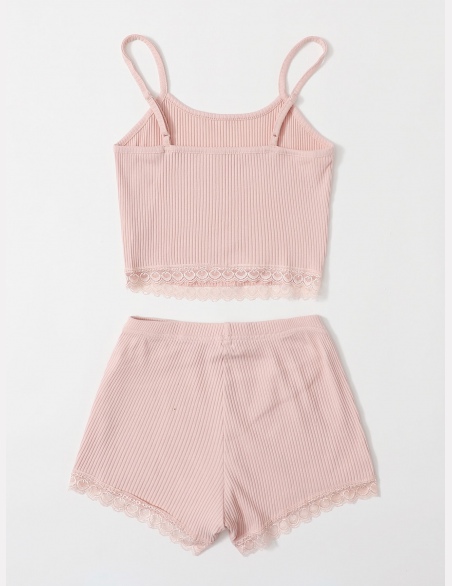 Komplety Piżamowe Sznurówka Kontrastowa Równy Baby Pink Elegancki