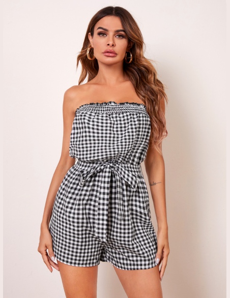 Kombinezony Z Pasem Bawełniany Gingham (materiał) Czarne i Białe Boho