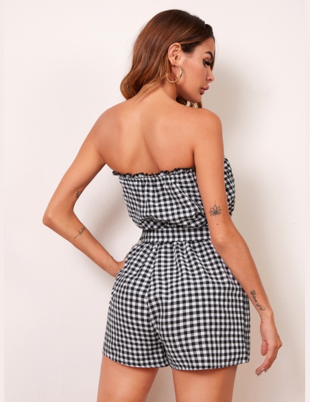 Kombinezony Z Pasem Bawełniany Gingham (materiał) Czarne i Białe Boho
