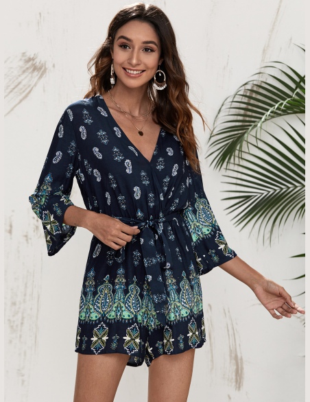 Kombinezony Z Pasem Wzór Paisley Granatowy Boho