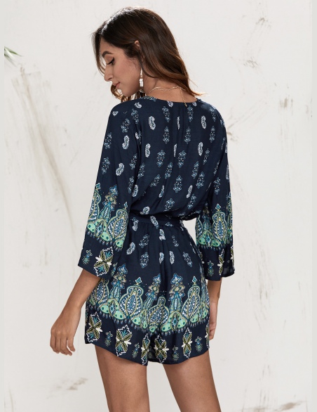 Kombinezony Z Pasem Wzór Paisley Granatowy Boho