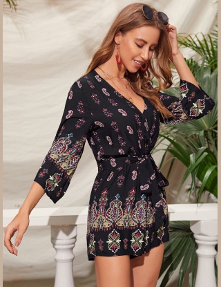 Kombinezony Z Pasem Wzór Paisley Granatowy Boho