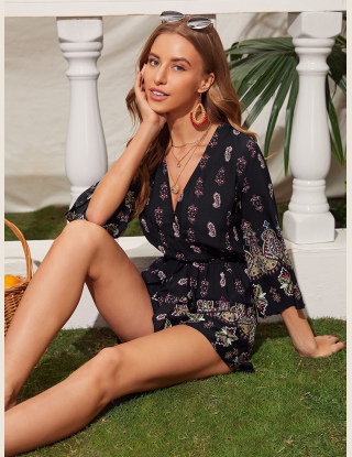 Kombinezony Z Pasem Wzór Paisley Granatowy Boho