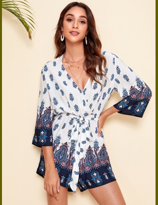 Kombinezony Z Pasem Wzór Paisley Granatowy Boho