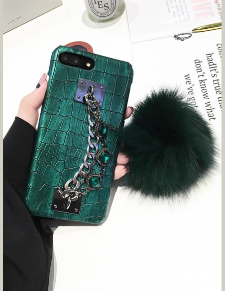 Bransoletka z łańcuszkiem z pomponem, ozdobiona wzorem krokodyla, etui na iPhone'a