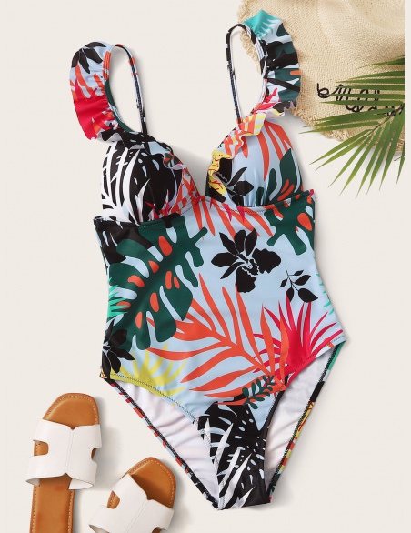 Ruffle Trim Random Tropical One Piece Swimsuit