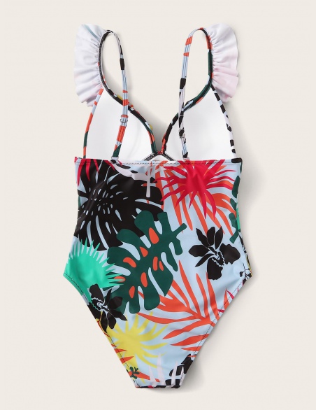 Ruffle Trim Random Tropical One Piece Swimsuit