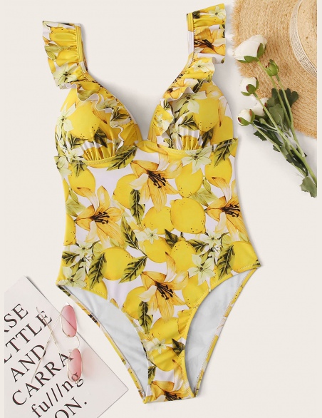 Ruffle Trim Push Up Random Lemon One Piece Swimwear