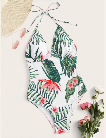 Halter Random Tropical One Piece Swimwear