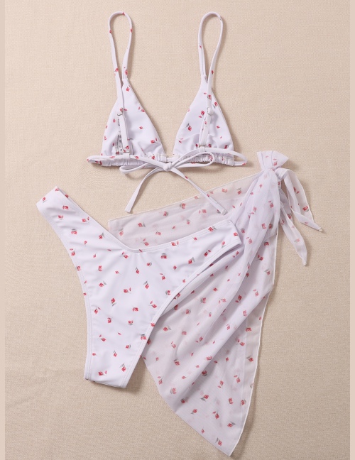 Trójkątny strój kąpielowy bikini w kwiaty ze spódnicą plażową