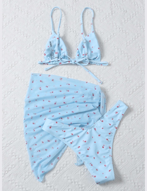 Trójkątny strój kąpielowy bikini w kwiaty ze spódnicą plażową