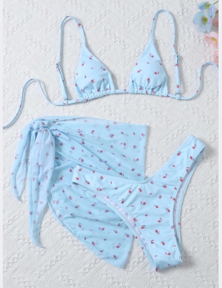 Trójkątny strój kąpielowy bikini w kwiaty ze spódnicą plażową