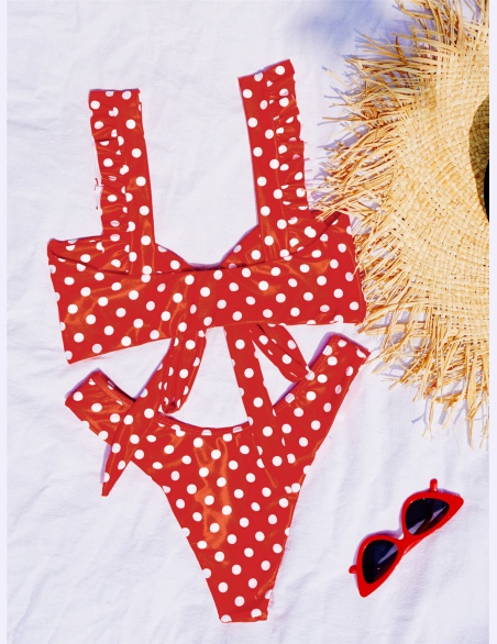 Komplety Bikini Zmarszczony Kropki Czerwony Śliczny